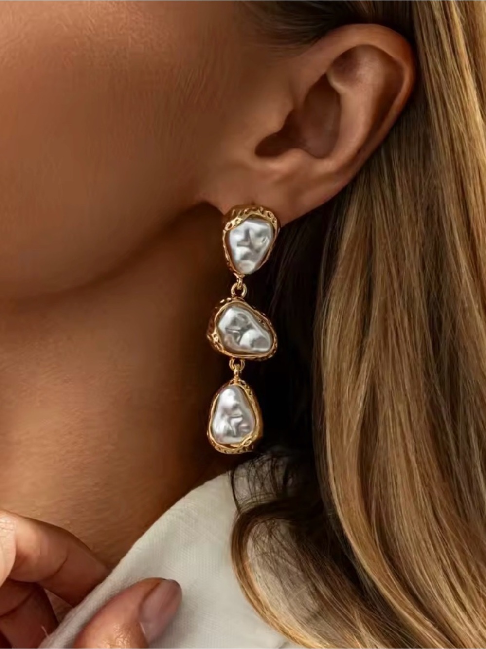 Drop Gold Triple White Baroque Pearl Drop Earrings - Picture 1 of 9